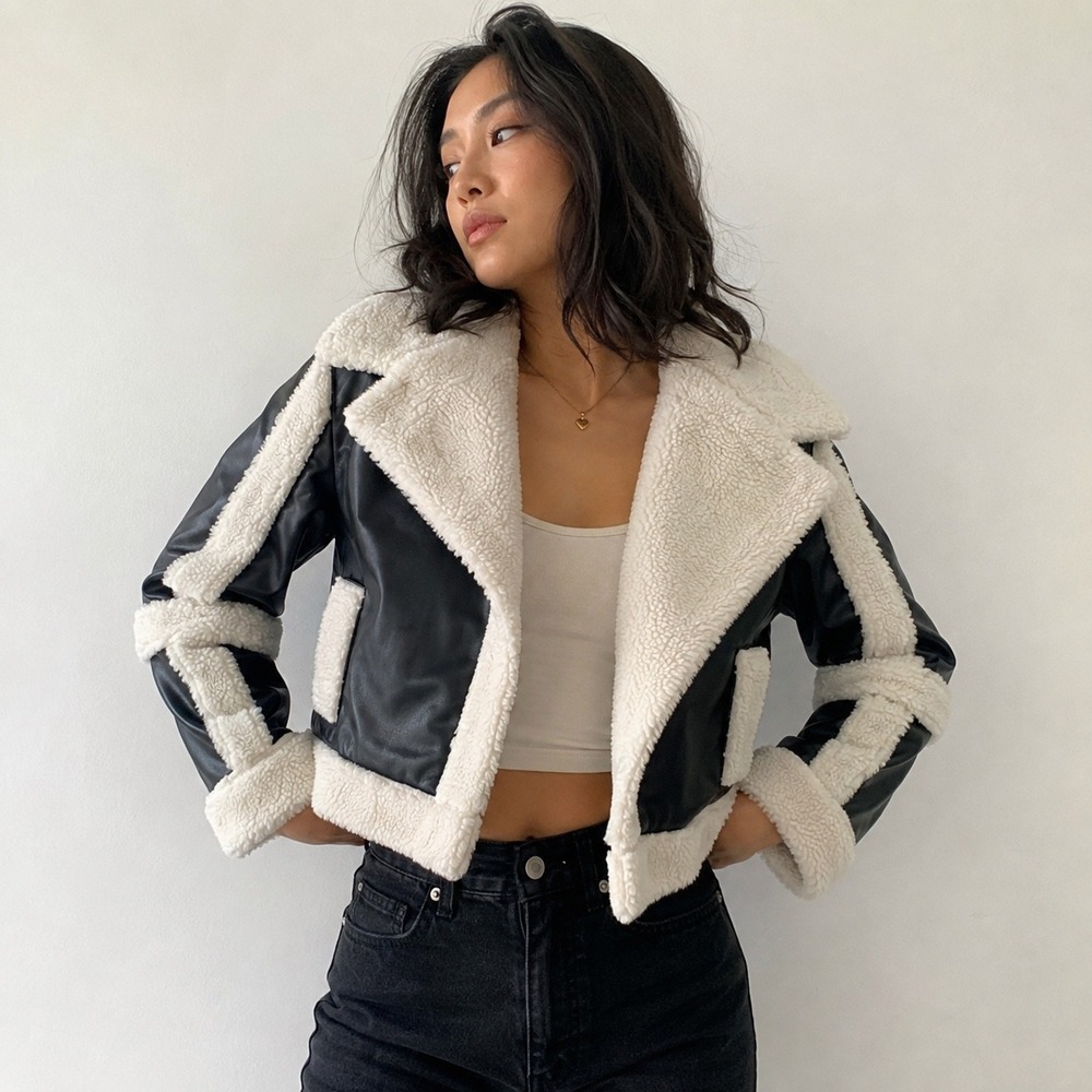 Madden NYC Faux Leather Shearling Aviator Jacket Black Cropped Moto Coat XS